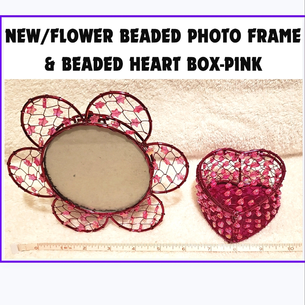 🟩🔥💜2 ITEMS💜BEADED PHOTO FRAME & HEART BOX